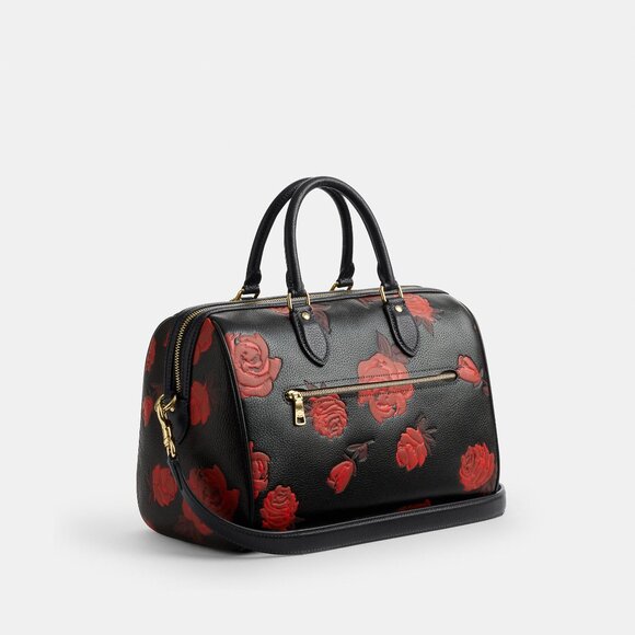 Rowan Large Satchel Bag With Floral Print CCE27 Black Red Packed - Picture 8 of 16